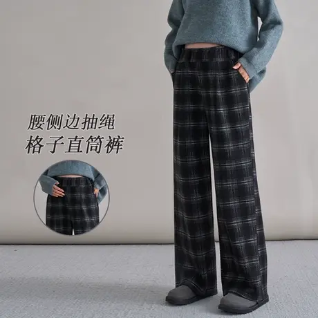 十月妈咪孕妇直筒裤秋冬新款外穿加厚侧边抽绳不勒肚子经典格子裤商品大图