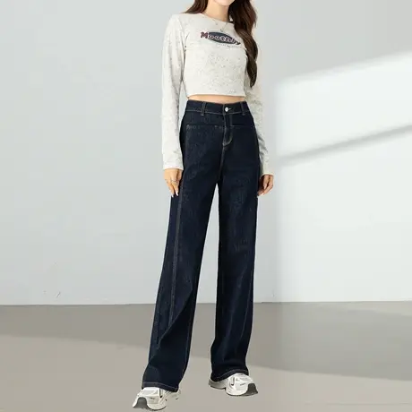 复古口袋直筒牛仔裤女2025春秋新款丹宁蓝高腰窄版垂感阔腿拖地裤商品大图