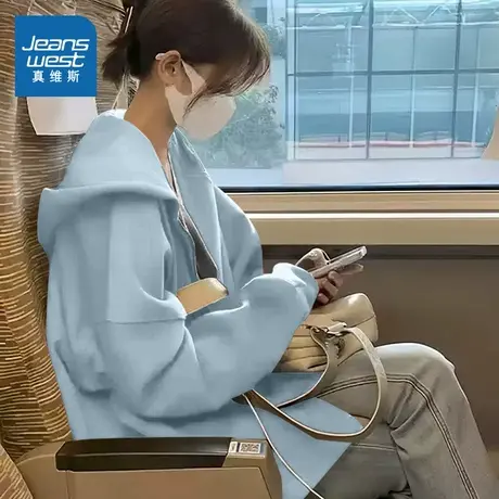 KMV真维斯雾霾蓝卫衣外套女春秋款2025新款爆款外搭宽松开衫上衣商品大图