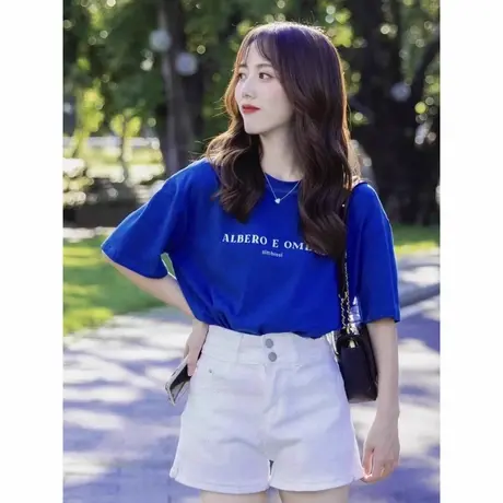 夏季多巴胺克莱因蓝色正肩短袖穿搭t恤女高级感炸街减龄时尚上衣商品大图