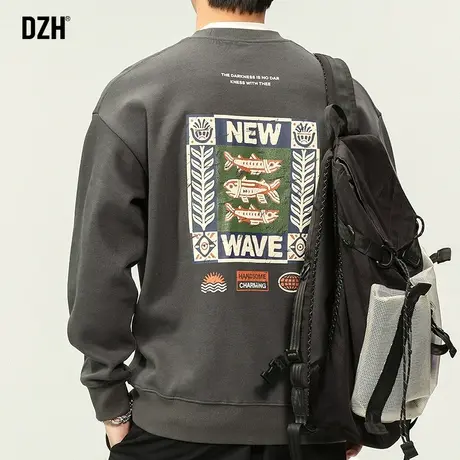 男士灰色圆领卫衣男春秋重磅2023新款宽松印花上衣长袖打底衫外套商品大图