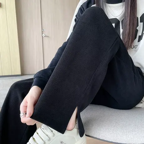 黑色灯芯绒阔腿裤女秋冬新款2023新款垂感高腰窄版直筒休闲拖地裤商品大图