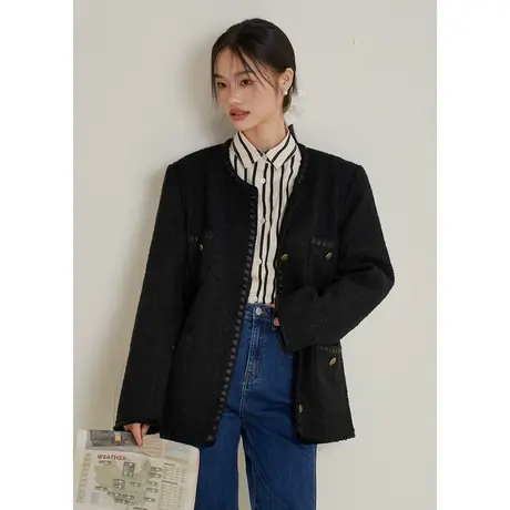 弥古黑色小香风外套秋冬粗花呢大衣高级感女加厚毛衣针织外搭上衣商品大图