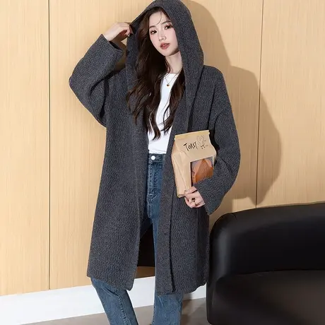 唐狮秋冬季女毛衣慵懒风连帽开衫外套长款高级红色费尔岛外套TD图片