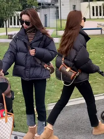 黑色羽绒服女短款2023冬新款韩版白鸭绒面包服加厚宽松小个子外套商品大图