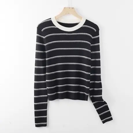 时尚拼色圆领条纹针织打底衫女内搭秋冬2023新款长袖复古上衣港味商品大图