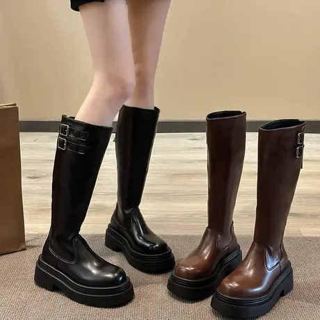 靴子女长筒靴2023年新款秋季厚底复古西部牛仔靴小个子粗跟骑士靴图片