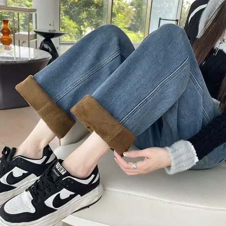 加绒加厚复古牛仔裤女秋冬2023年新款高腰宽松显瘦直筒窄版阔腿裤商品大图