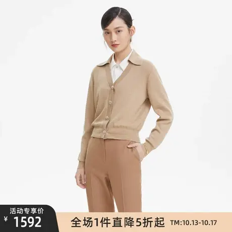 LANCY/朗姿秋季新款翻领V领长袖短款长袖针织开衫通勤外套女商品大图