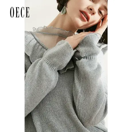Oece春装新款女装 温柔甜心减龄荷叶边V领喇叭袖轻薄针织衫图片