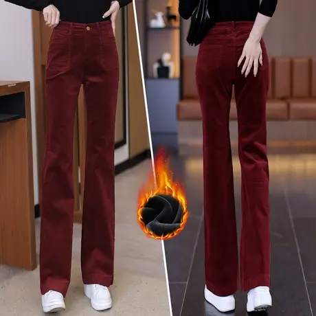 灯芯绒微喇裤女冬季高腰加绒加厚显瘦马蹄裤高档红条绒休闲喇叭裤商品大图