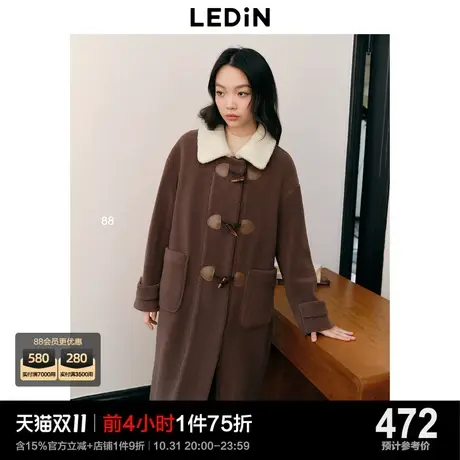 乐町复古简约牛角扣大衣女2023冬季新款美拉德风翻领宽松毛毛外套图片