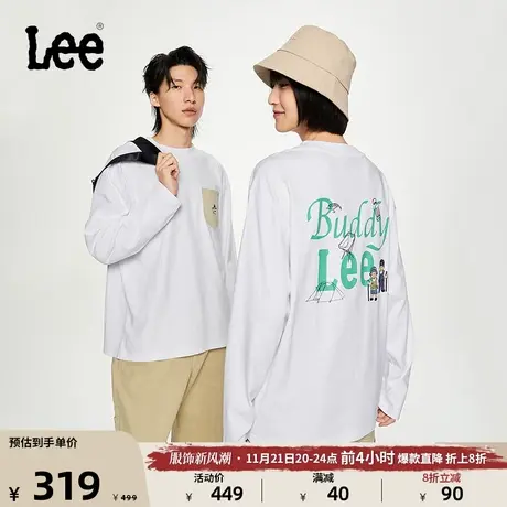 Lee商场同款buddy lee23秋冬新品舒适版印花白色男女同款长袖T恤图片