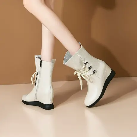 靴子女新款真皮内增高短靴头层牛皮马丁靴加绒中筒靴洋气白色靴鞋商品大图