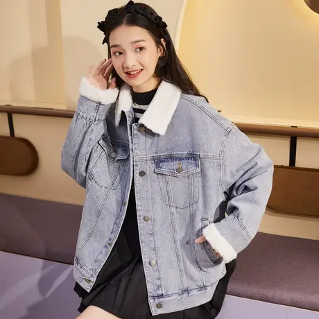 唐狮冬牛仔外套拼接仿羊羔毛上衣女短款早秋新款夹克ins潮百搭图片