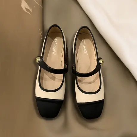 真皮小香风单鞋女秋季2023新款法式黑色玛丽珍鞋软皮浅口芭蕾舞鞋商品大图