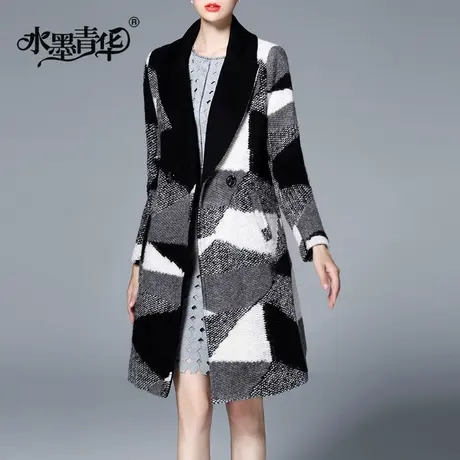 水墨青华2023冬季新款时尚经典格子拼接黑白灰女士毛呢外套商品大图
