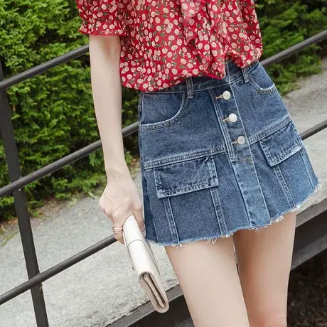 桔熊夏季韩版牛仔短裤子女高腰单排扣毛边短裙裤胖妹妹大码BA5779图片