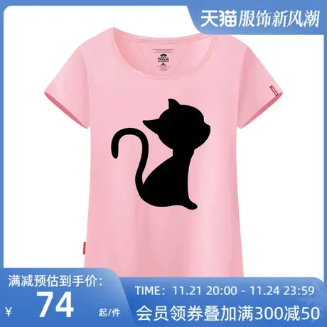 Ohlyah夏装2025新款卡通小黑猫女装短袖T恤韩版修身休闲简约大码商品大图