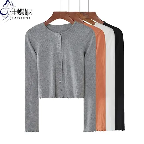 春季新款韩版纯棉修身显瘦圆领开衫纯色长袖体恤上衣短款打底女装商品大图