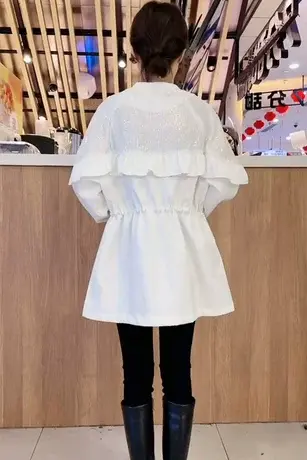 早春外套女装小个子上衣2023年春秋季新款亮片拼接收腰抽绳黑风衣商品大图