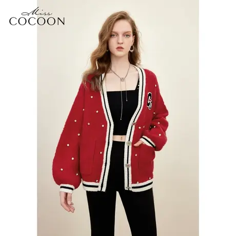 MISSCOCOON羊毛v领针织开衫短外套女23秋新款钉珠红色毛衫冬商品大图