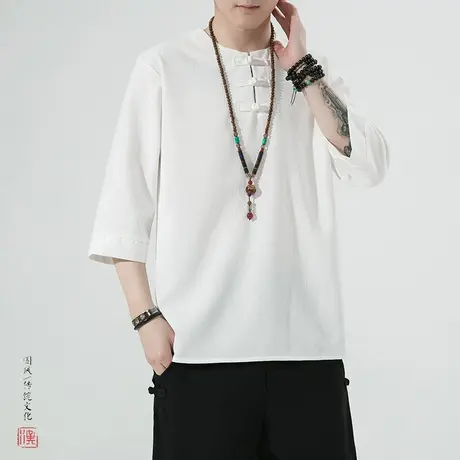 冰丝短袖T恤男夏季上衣服宽松青年冰凉加肥加大码盘扣复古半截袖图片