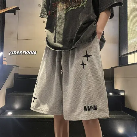 华夫格休闲短裤男夏季美式潮牌高街直筒五分裤子港风宽松沙滩中裤商品大图