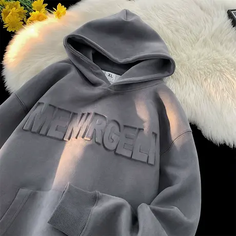 钢印字母连帽卫衣男美式秋冬季新款潮流宽松纯色套头复古休闲上衣商品大图