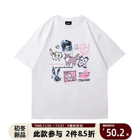 情侣装t恤高级感国潮短袖ins风涂鸦可爱猫咪白色落肩潮牌上衣夏季商品大图