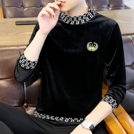 秋冬季半高领t恤男长袖金丝绒套装社会小伙个性打底衫ins潮牌衣服商品大图