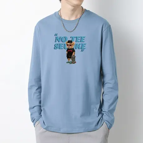 秋季长袖t恤男装2023新款纯棉圆领上衣服小熊体恤全棉内搭打底衫商品大图