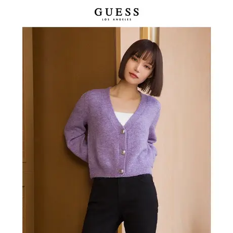 GUESS新款女士温柔慵懒风纯色百搭含羊毛针织开衫毛衣外套商品大图