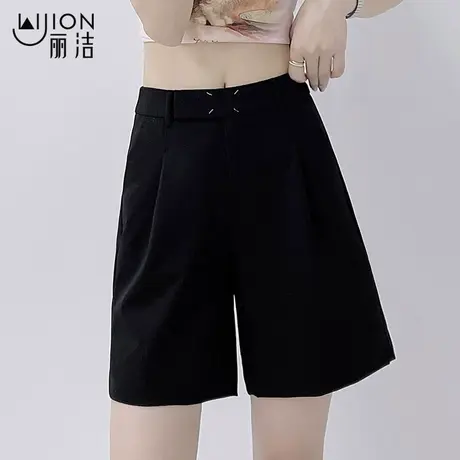 丽洁新款西装短裤夏女高腰宽松阔腿短裤五分短裤黑色大码休闲短裤商品大图