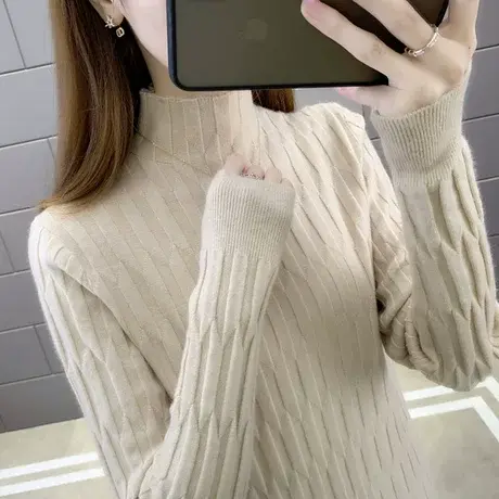 2025春新款时尚坑纹半高领加厚长袖针织衫纯色打底毛衣女上衣潮商品大图