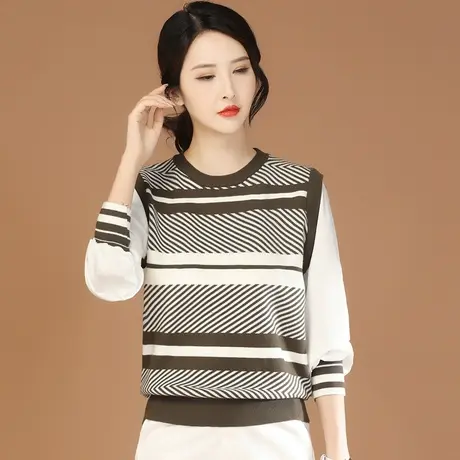 韩潮袭人假两件圆领条纹长袖针织衫女2023秋季新款休闲百搭毛衣图片
