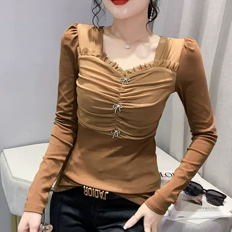 设计感网纱拼接上衣女长袖春秋时尚V领打底衫内搭紧身洋气上衣潮商品大图