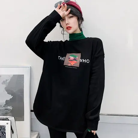 撞色高领卫衣女秋冬中长款宽松外套头长袖设计感小众加绒打底衫潮商品大图