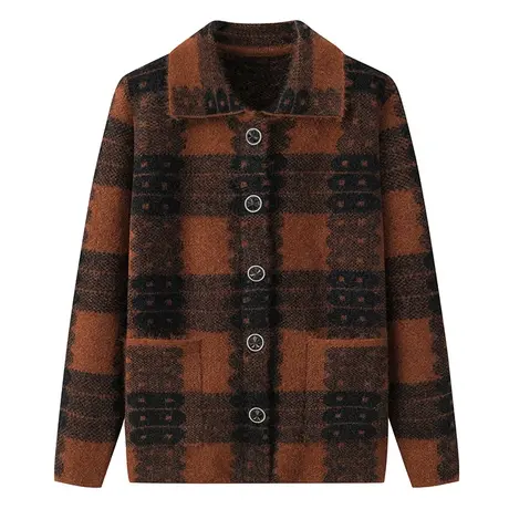 奶奶冬装格子毛衣开衫翻领春秋女装中老年人妈妈针织外套老人衣服商品大图