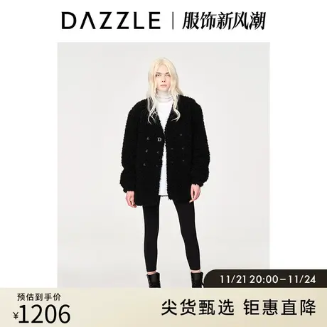 DAZZLE地素奥莱秋冬黑色千金毛绒双排扣中长款大衣仿皮草外套女图片