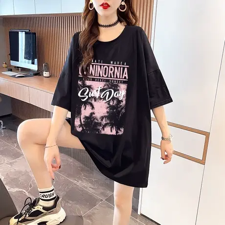 黑色短袖t恤女2023夏季新款美式复古下衣失踪中长款纯棉上衣潮牌商品大图