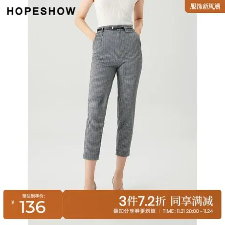 红袖outlets格纹字母贴标裤子hopeshow春季新款女装修身直筒裤图片