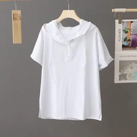 休闲连帽白色上衣女短袖纯棉运动t恤女夏季薄款透气小个子T恤小衫图片