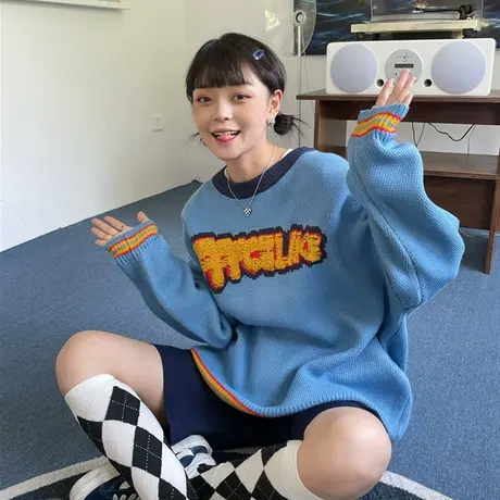 红续日系复古软糯慵懒风刺绣针织毛衣女秋冬季宽松设计感小众上衣图片