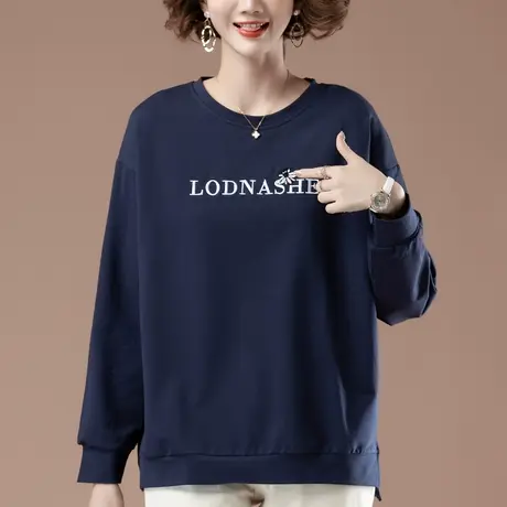 卫衣女春秋新款加肥加大码女装宽松中年妈妈纯棉刺绣百搭圆领上衣商品大图