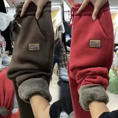 运动休闲裤女加绒加厚羊羔毛卫裤冬季束脚裤宽松显瘦小个子哈伦裤图片