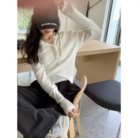 韩系随性气质休闲百搭显瘦简约内搭白色宽松短连帽卫衣女T恤上衣商品大图