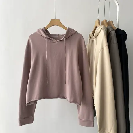 洋气时髦个性短款露腰卷边连帽卫衣女宽松慵懒帽衫毛圈棉上衣显瘦商品大图