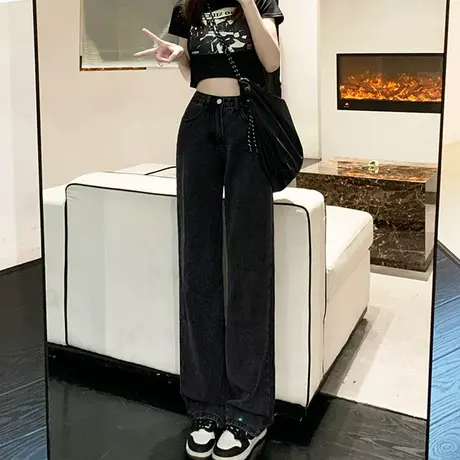 黑色阔腿牛仔裤女2023年新款高腰显瘦春秋季直筒宽松小个子拖地裤商品大图