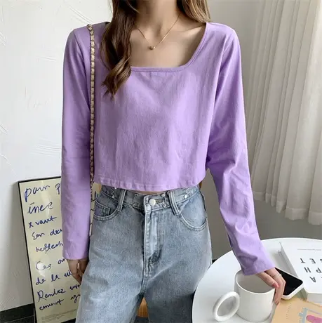 ins超火港风短款T恤女秋冬韩版高腰露脐长袖上衣潮bf风宽松上衣服图片